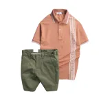 Bộ nam gồm áo polo cá sấu poly phối sọc và short kaki phối nút (có size 36)