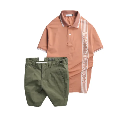 Bộ nam gồm áo polo cá sấu poly phối sọc và short kaki phối nút (có size 36)