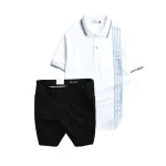 Bộ nam gồm áo polo cá sấu poly phối sọc và short kaki phối nút (có size 36)
