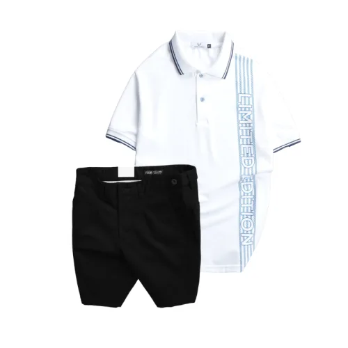 Bộ nam gồm áo polo cá sấu poly phối sọc và short kaki phối nút (có size 36)
