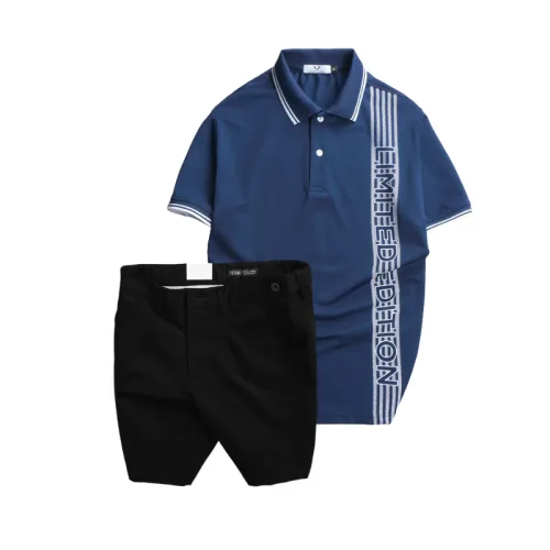 Bộ nam gồm áo polo cá sấu poly phối sọc và short kaki phối nút (có size 36)