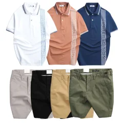 Bộ nam gồm áo polo cá sấu poly phối sọc và short kaki phối nút (có size 36)