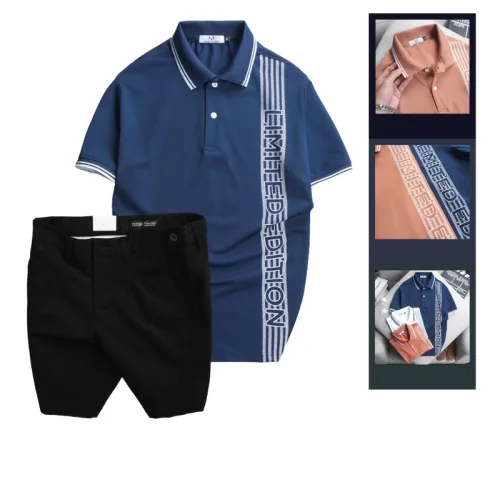 Bộ nam gồm áo polo cá sấu poly phối sọc và short kaki phối nút (có size 36)