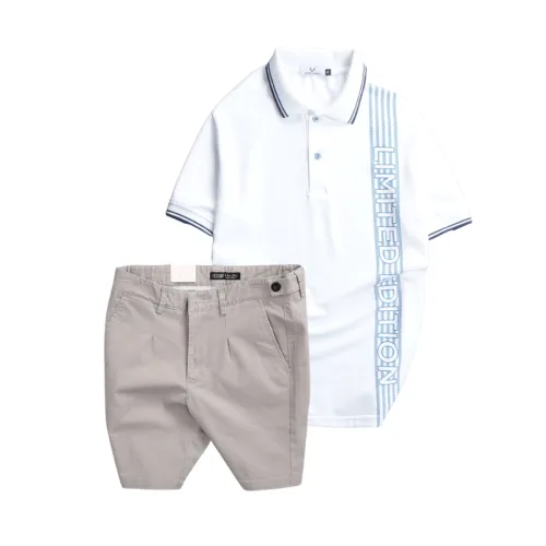 Bộ nam gồm áo polo cá sấu poly phối sọc và short kaki phối nút (có size 36)