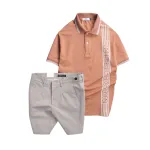 Bộ nam gồm áo polo cá sấu poly phối sọc và short kaki phối nút (có size 36)