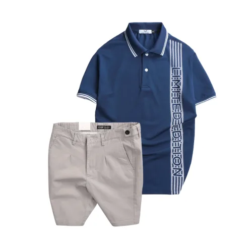 Bộ nam gồm áo polo cá sấu poly phối sọc và short kaki phối nút (có size 36)