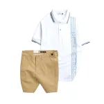 Bộ nam gồm áo polo cá sấu poly phối sọc và short kaki phối nút (có size 36)