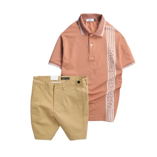 Bộ nam gồm áo polo cá sấu poly phối sọc và short kaki phối nút (có size 36)