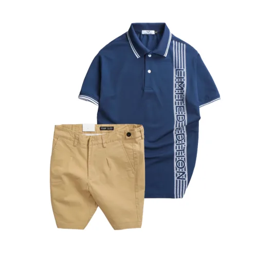Bộ nam gồm áo polo cá sấu poly phối sọc và short kaki phối nút (có size 36)