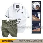 Set nam áo polo thêu chữ R và quần short kaki co giãn