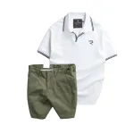 Set nam áo polo thêu chữ R và quần short kaki co giãn