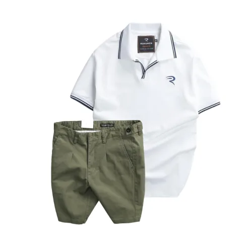 Set nam áo polo thêu chữ R và quần short kaki co giãn