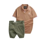 Set nam áo polo thêu chữ R và quần short kaki co giãn