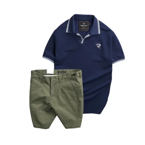 Set nam áo polo thêu chữ R và quần short kaki co giãn