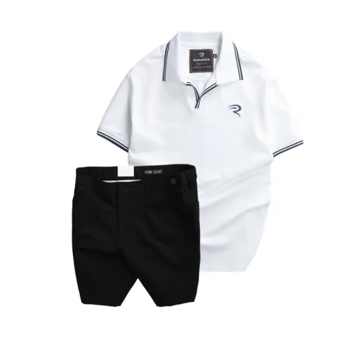 Set nam áo polo thêu chữ R và quần short kaki co giãn