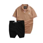 Set nam áo polo thêu chữ R và quần short kaki co giãn