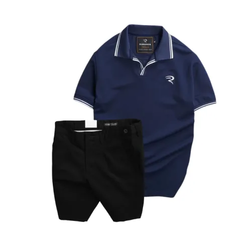 Set nam áo polo thêu chữ R và quần short kaki co giãn