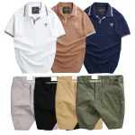 Set nam áo polo thêu chữ R và quần short kaki co giãn