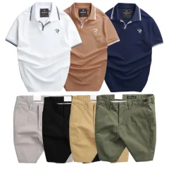 Set nam áo polo thêu chữ R và quần short kaki co giãn