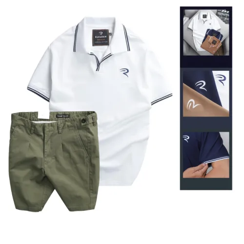 Set nam áo polo thêu chữ R và quần short kaki co giãn