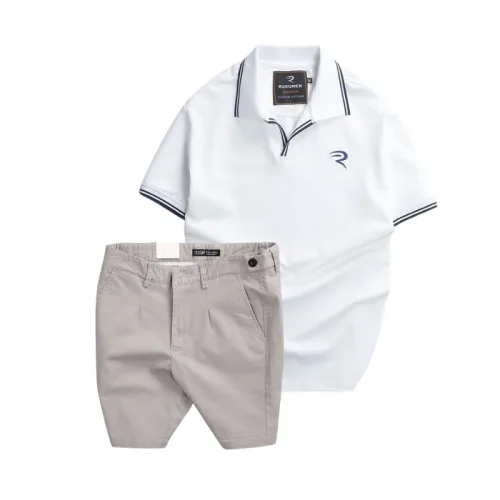 Set nam áo polo thêu chữ R và quần short kaki co giãn
