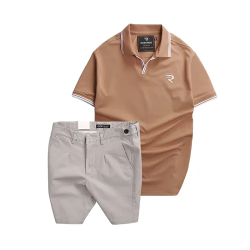 Set nam áo polo thêu chữ R và quần short kaki co giãn