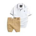 Set nam áo polo thêu chữ R và quần short kaki co giãn