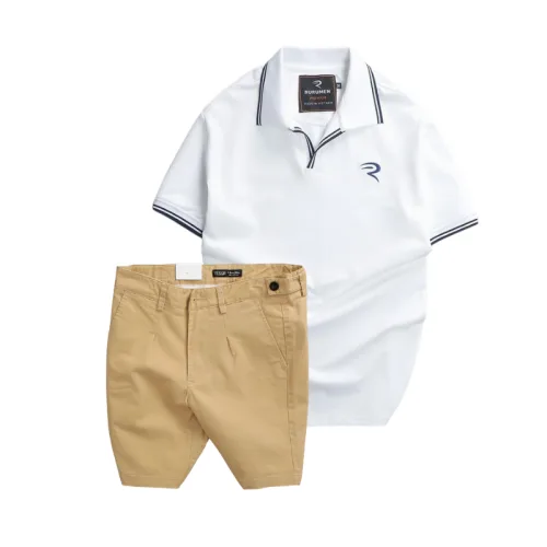 Set nam áo polo thêu chữ R và quần short kaki co giãn