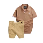 Set nam áo polo thêu chữ R và quần short kaki co giãn