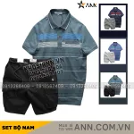 Set nam áo polo sọc ngang có túi kèm short kaki túi hộp