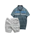 Set nam áo polo sọc ngang có túi kèm short kaki túi hộp