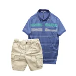 Set nam áo polo sọc ngang có túi kèm short kaki túi hộp