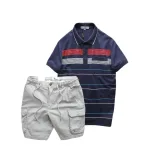 Set nam áo polo sọc ngang có túi kèm short kaki túi hộp