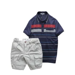 Set nam áo polo sọc ngang có túi kèm short kaki túi hộp