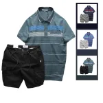 Set nam áo polo sọc ngang có túi kèm short kaki túi hộp