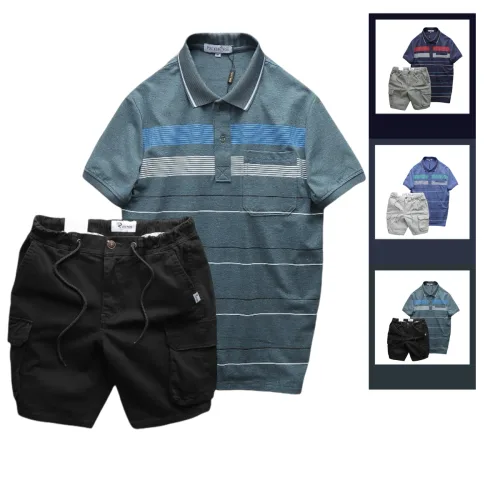 Set nam áo polo sọc ngang có túi kèm short kaki túi hộp