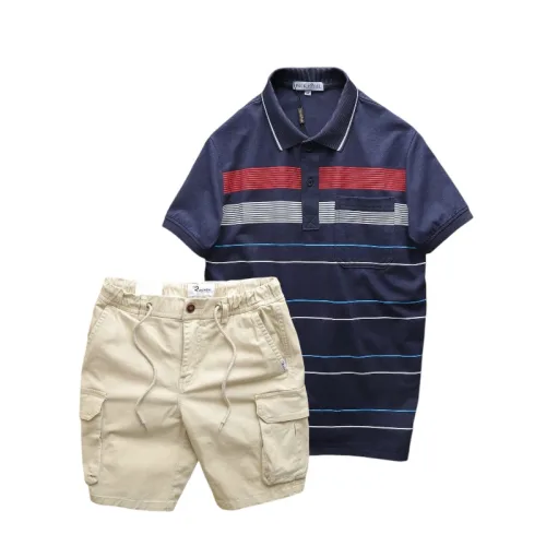 Set nam áo polo sọc ngang có túi kèm short kaki túi hộp