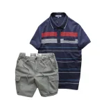 Set nam áo polo sọc ngang có túi kèm short kaki túi hộp