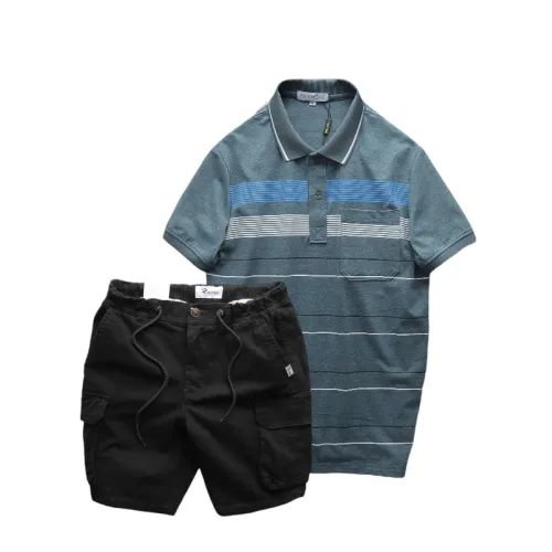 Set nam áo polo sọc ngang có túi kèm short kaki túi hộp