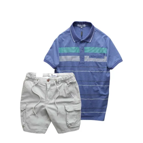 Set nam áo polo sọc ngang có túi kèm short kaki túi hộp