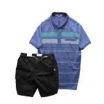 Set nam áo polo sọc ngang có túi kèm short kaki túi hộp