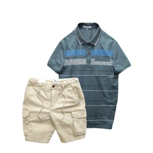 Set nam áo polo sọc ngang có túi kèm short kaki túi hộp