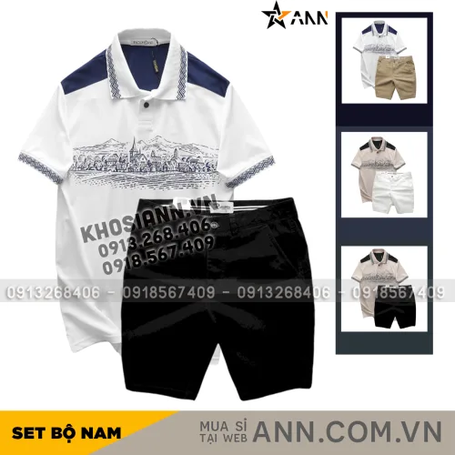 Bộ nam Pack Horse: áo thun polo họa tiết ngôi làng cổ điển, quần short kaki cao cấp (có size 3x)