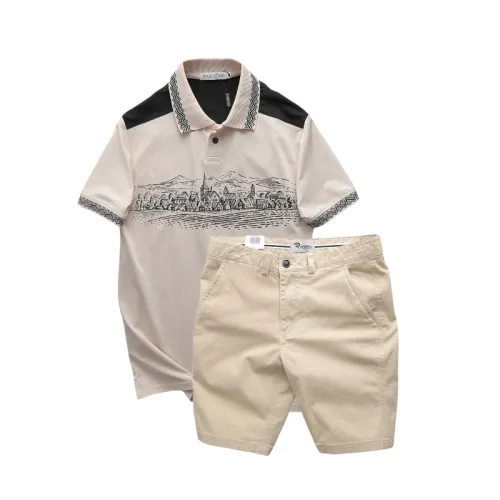 Bộ nam Pack Horse: áo thun polo họa tiết ngôi làng cổ điển, quần short kaki cao cấp (có size 3x)