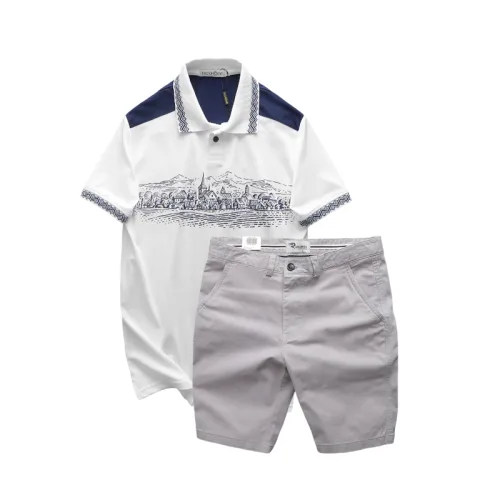 Bộ nam Pack Horse: áo thun polo họa tiết ngôi làng cổ điển, quần short kaki cao cấp (có size 3x)