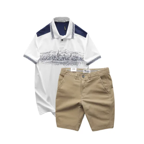 Bộ nam Pack Horse: áo thun polo họa tiết ngôi làng cổ điển, quần short kaki cao cấp (có size 3x)