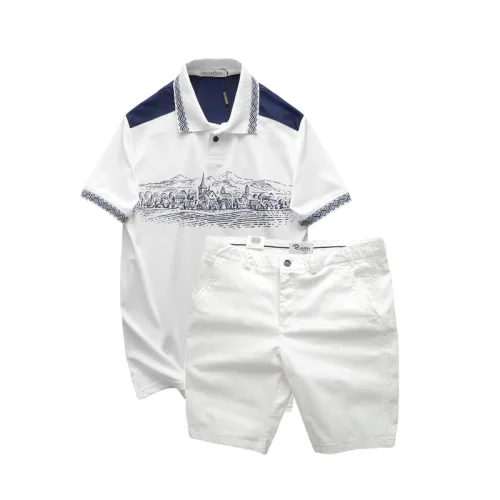 Bộ nam Pack Horse: áo thun polo họa tiết ngôi làng cổ điển, quần short kaki cao cấp (có size 3x)