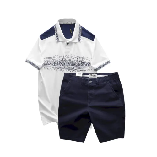 Bộ nam Pack Horse: áo thun polo họa tiết ngôi làng cổ điển, quần short kaki cao cấp (có size 3x)