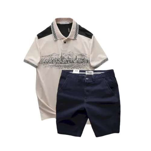 Bộ nam Pack Horse: áo thun polo họa tiết ngôi làng cổ điển, quần short kaki cao cấp (có size 3x)