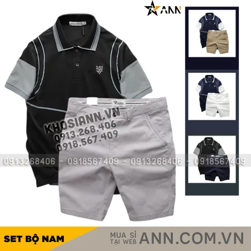 Bộ nam Pack Horse gồm áo thun polo thêu nổi logo, in chữ Trinity và short kaki